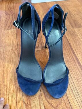 Stuart Weitzman "Nudist" ankle-strap 5” heel sandals shoes blue suede 9 / 9.5